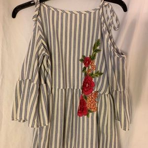 Striped Open Shoulder Embroidered Floral Top